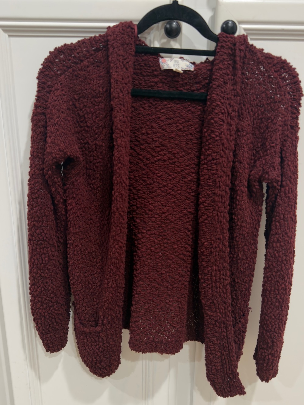 Pink Rose Open-Front Popcorn Knit Cardigan - Deep Wine